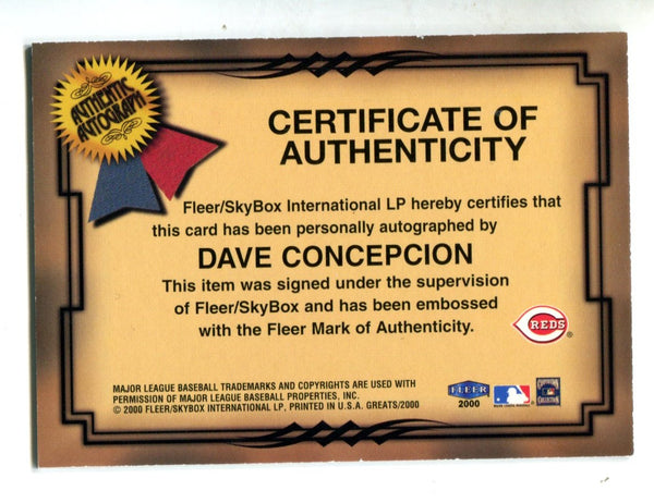Dave Concepcion Autographed 2000 Fleer Greats of the Game Card