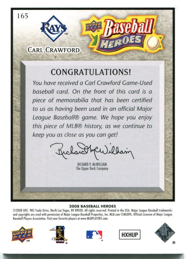 Carl Crawford Upper Deck Baseball Heroes Jersey Card 008/125