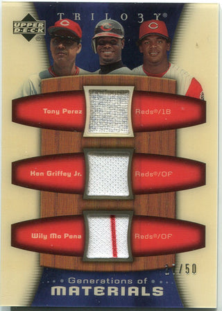 Tony Perez, Ken Griffey Jr, and Willy Mo Pena 2004 Upper Deck Game Worn Relic Card /50