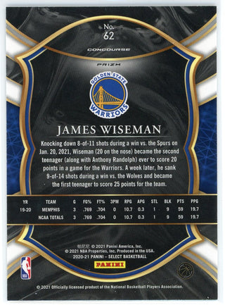 James Wiseman 2020-21 Panini Select Concourse Blue Prizm Rookie Card #62