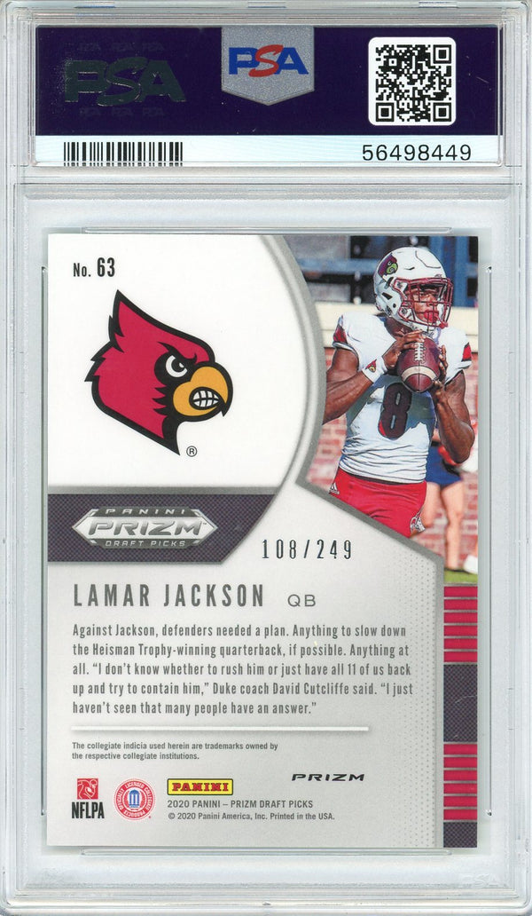 Lamar Jackson 2020 Panini Prizm Draft Pick Green & Yellow Prizm Card #63 (PSA)