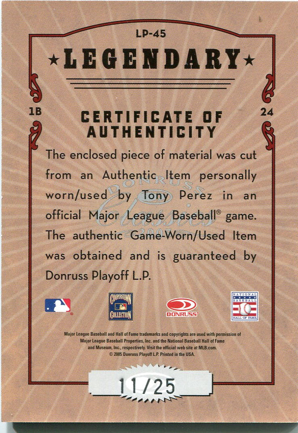 Tony Perez 2005 Donruss Classics Legendary Leather Game Used Relic Card /25