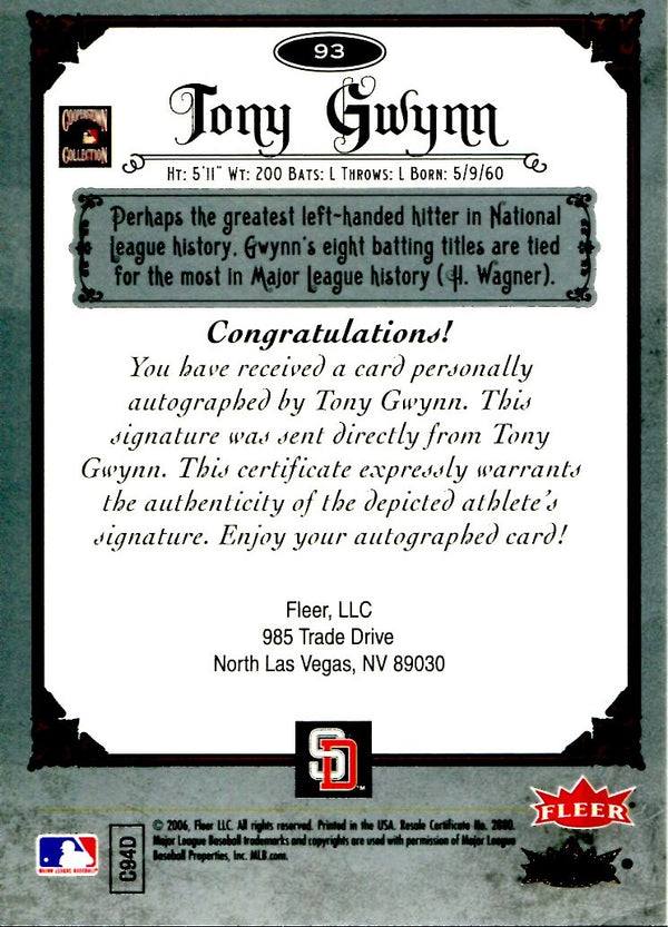 Tony Gwynn 2006 Fleer Greats of the Game Autographed Card