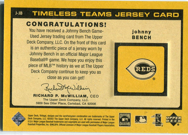 Johnny Bench 2002 Upper Deck Game Used Jersey Card