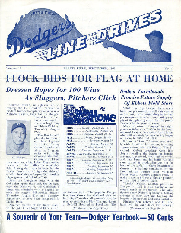 Brooklyn Dodgers Lines Drives Program 1953 Volume 12 No. 4 Gil Hodges
