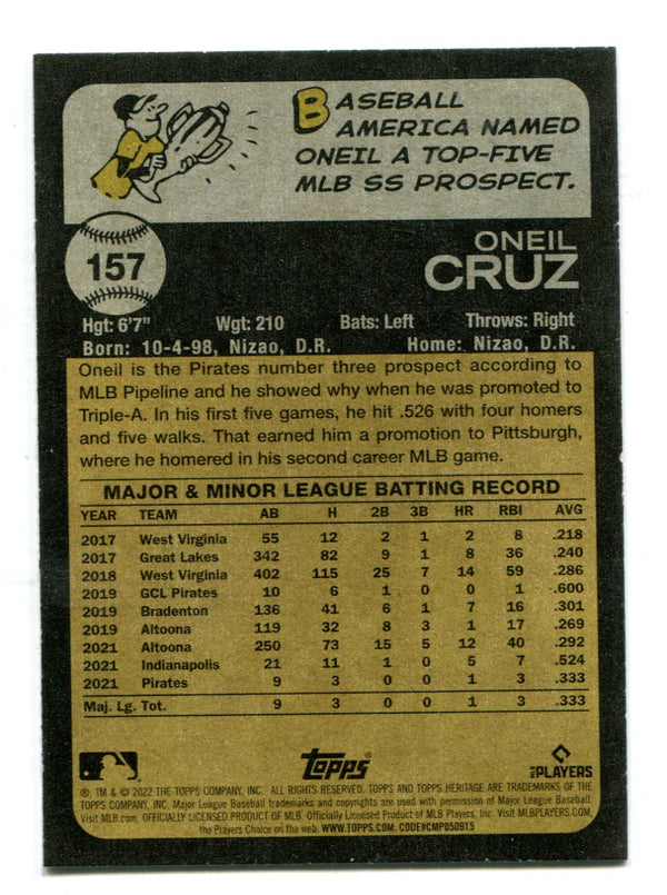 Oneil Cruz Pittsburgh Pirates 2022 Topps Heritage # 157 Rookie Card