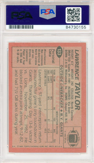 Lawrence Taylor Autographed 1983 Topps Card #133 (PSA Auto Gem Mt 10)
