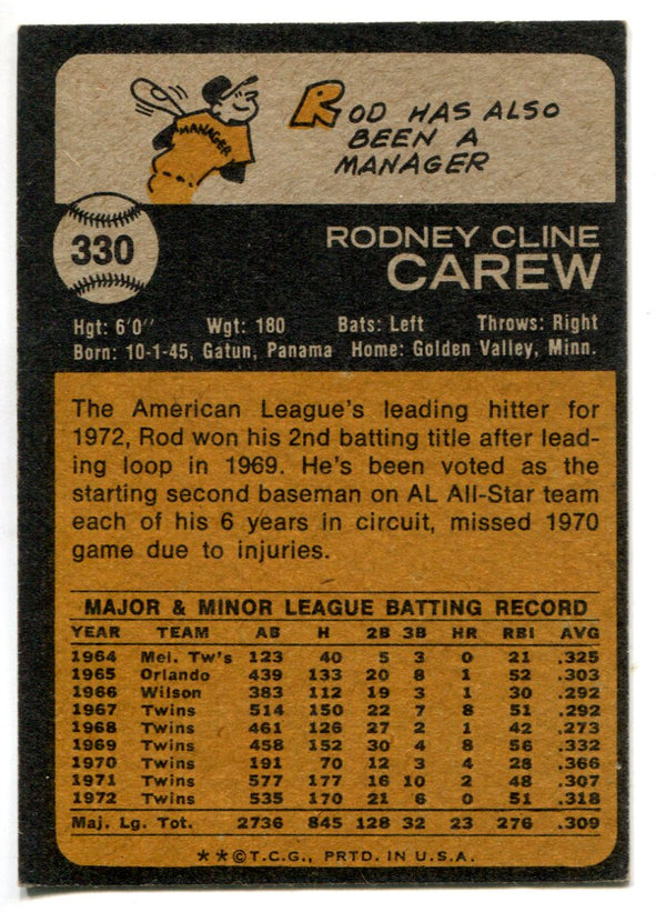 Rod Carew Autographed 1973 Topps Card #330 Minnesota Twins Beckett