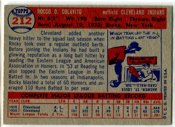 Rocky Colavito 1957 Topps Rookie Card #212