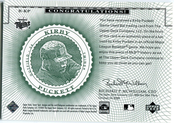 Kirby Puckett 2002 Upper Deck Game Used Bat Card