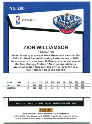 Zion Williamson NBA Hoops Premium Stock Tribute Rookie 2019