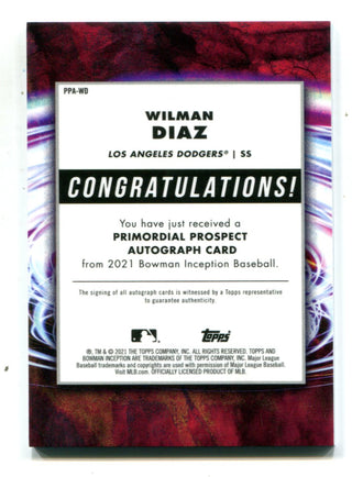Wilman Diaz 2021 Bowman Inception #PPAWD Blue Auto Card /75