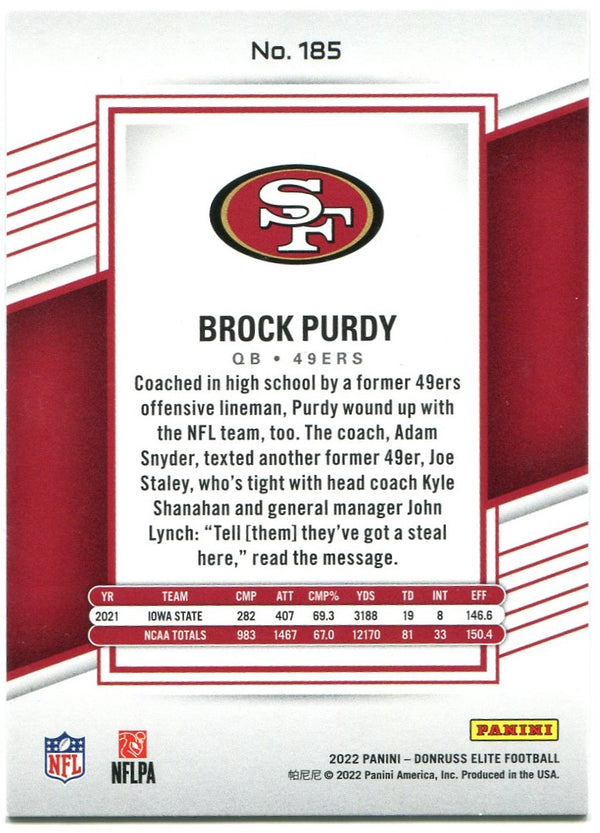 Brock Purdy Panini Donruss Elite Pink Rookie Card #185