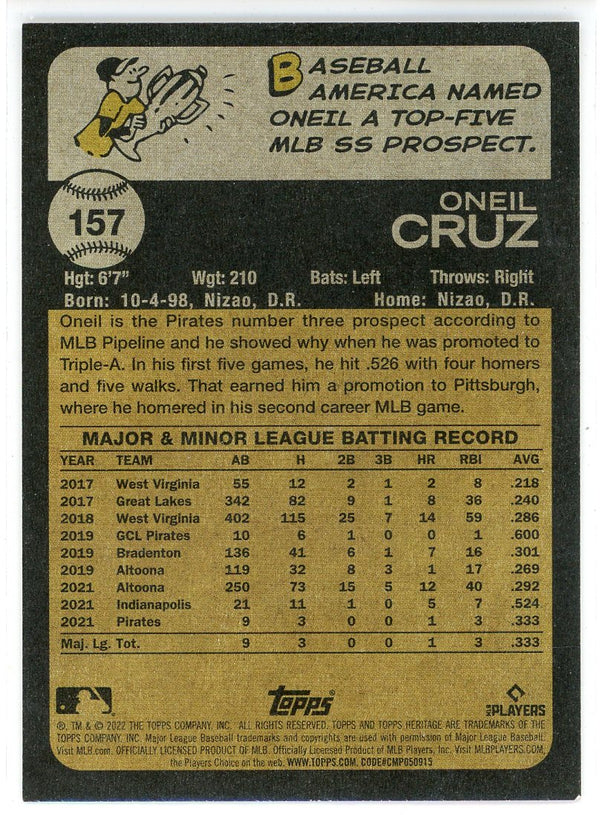 ONEIL CRUZ 2022 Topps Heritage Rookie Logo Card RC Pittsburgh