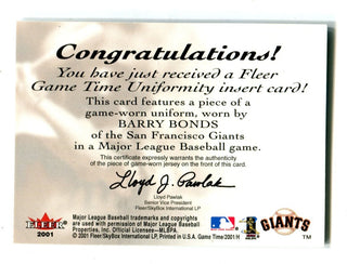 Barry Bonds Fleer 2001 Uniformity Insert Card