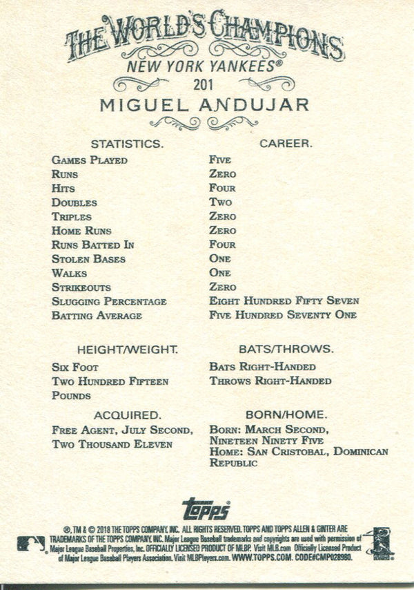 Miguel Andujar 2018 Topps Allen & Ginter Rookie Card Back