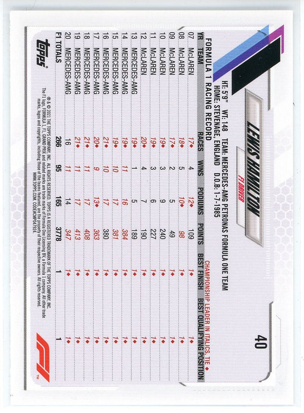 Lewis Hamilton 2021 Topps Formula 1 Card #40