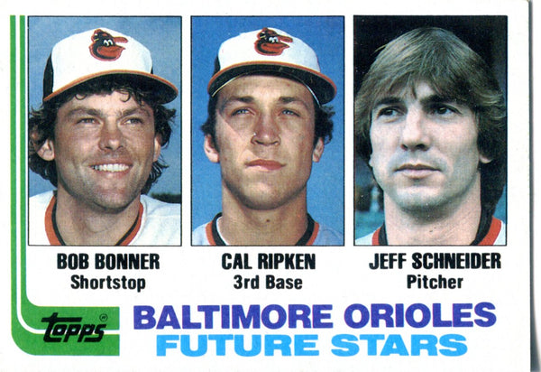 Cal Ripken, Bob Bonner, and Jeff Schneider 1982 Topps Baltimore Orioles Future Stars Card