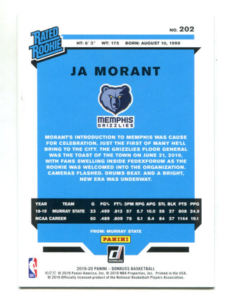 Ja Morant Panini Donruss Rated Rookie #202 Card