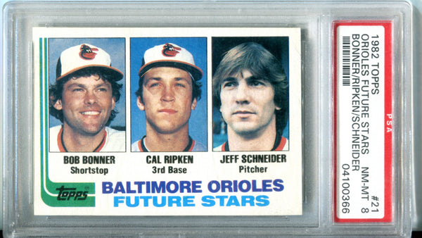 Cal Ripken, Bob Bonner, and Jeff Schneider 1982 Topps Baltimore Orioles Future Stars Card (PSA 8 NM-MT)