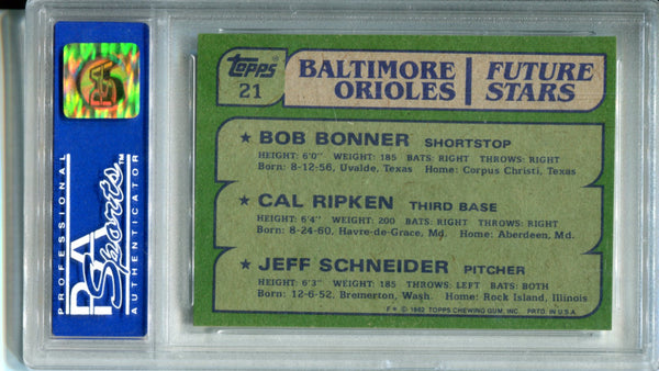 Cal Ripken, Bob Bonner, and Jeff Schneider 1982 Topps Baltimore Orioles Future Stars Card (PSA 8 NM-MT)