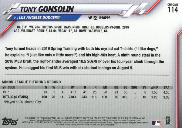 Tony Gonsolin 2020 Topps Chrome Rookie Card