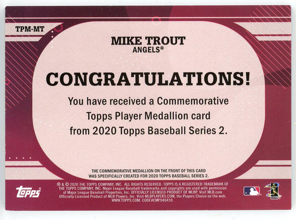 Mike Trout 2020 Topps Series 2 Player Medallion Commemorative Coin Card #TPM-MT