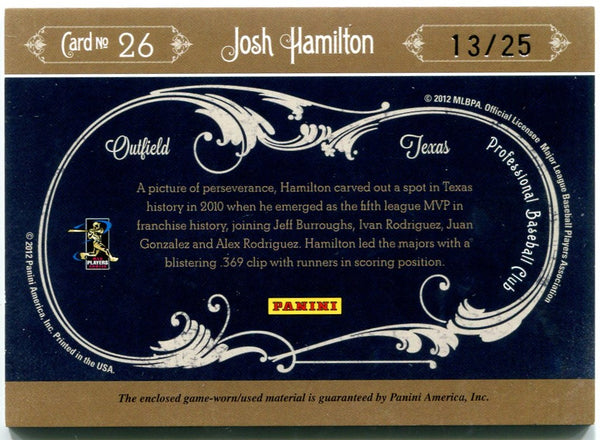 Josh Hamilton Panini Playoff Prime Cuts Icons Jersey Card 13/25 2012