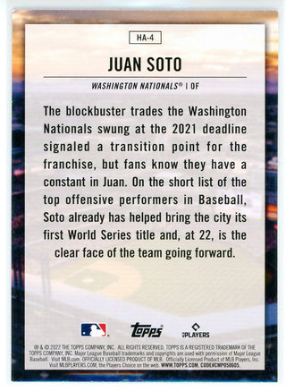 Juan Soto 2022 Topps Home Field Advantage Card #HA-4