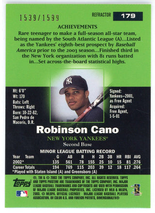 Robinson Cano 2003 Topps Pristine Rookie Refractor Card #179