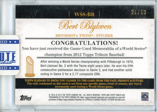 Bert Blyleven 2012 Topps Tribute World Series Patch Encased Card #WSS-BB