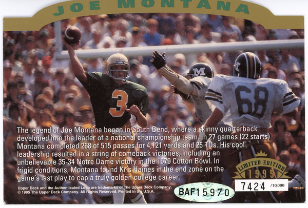 Joe Montana Autographed 1995 Upper Deck Over sized Card (UDA)