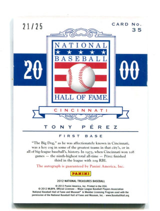 Tony Perez 2012 Panini National Treasures Autographed Card  #35 21/25