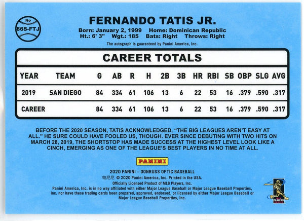 Fernando Tatis Jr. Autographed 2020 Panini Donruss Card #86S-FTJ