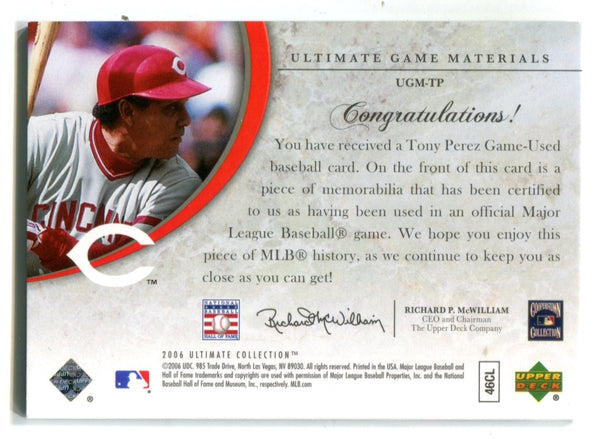 Tony Perez 2006 Upper Deck Ultimate Game Materials Jersey Card #UGMTP /50