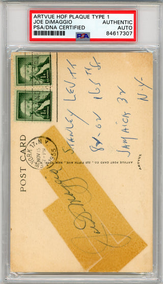 Joe DiMaggio Autographed Artvue HOF Plaque Type 1 Postcard (PSA)