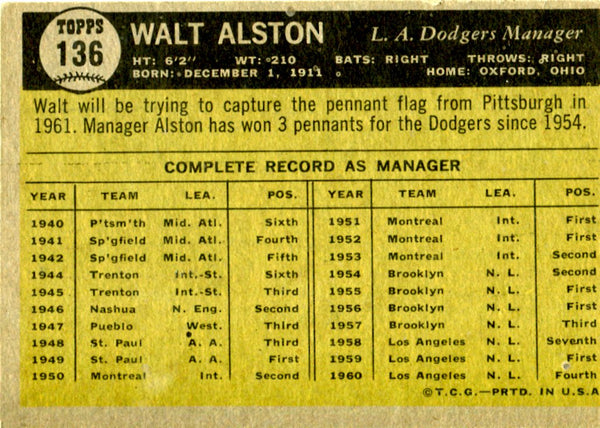 Walt Alston 1961 Topps Card