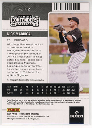 Nick Madrigal Autographed 2021 Panini Contenders Rookie Ticket Cracked Ice Card #112