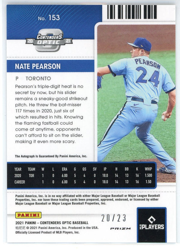 Nate Pearson Autographed 2021 Panini Contenders Optic Rookie Ticket Cracked Ice Card #153