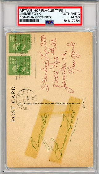 Jimmie Foxx Autographed Artvue HOF Plaque Type 1 Postcard (PSA)
