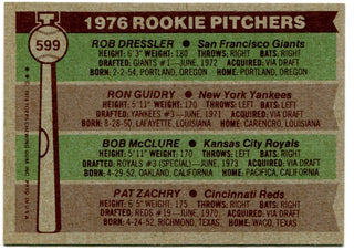 Rob Dressler, Ron Guidry, Bob McClure, and Pat Zachry 1976 Topps Rookie Pitchers Card