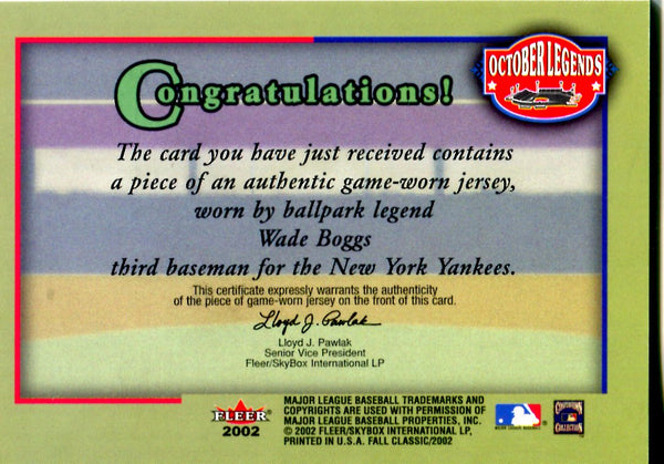 Wade Boggs 2002 Fleer Game Worn Jersey Card