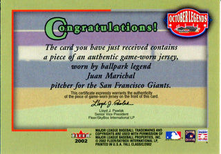Juan Marichal 2002 Fleer Game Worn Jersey Card