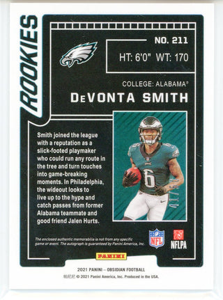 DeVonta Smith Autographed 2021 Panini Obsidian Rookie Patch Card #211