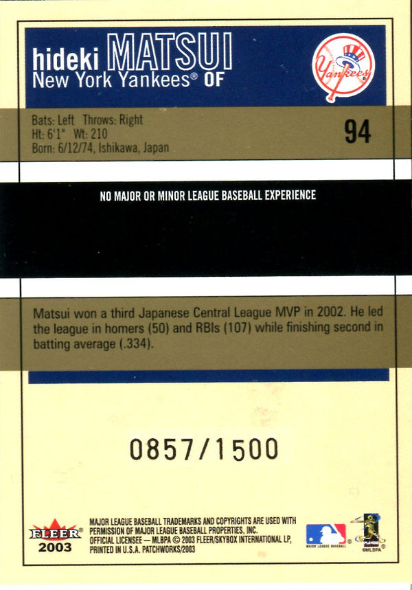 Hideki Matsui 2003 Fleer Card 857/1500