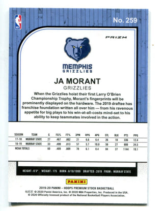 Ja Morant 2020 Panini NBA Hoops Premium Stock Silver #259 RC