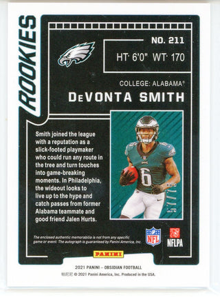 DeVonta Smith Autographed 2021 Panini Obsidian Rookie Patch Card #211