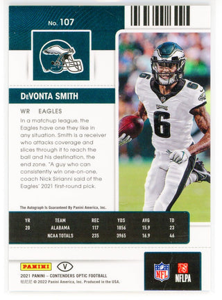 DeVonta Smith Autographed 2021 Panini Contenders Optic Rookie Ticket Card #107