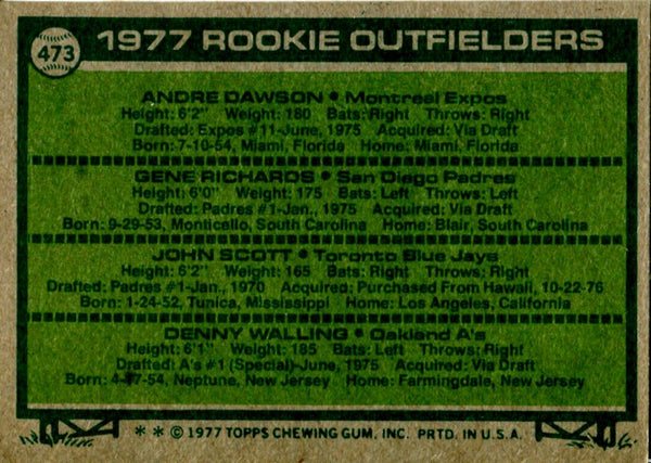 Autographed Andre Dawson, Gene Richards, John Scott, & Denny Walling 1977 Rookies Outfielders
