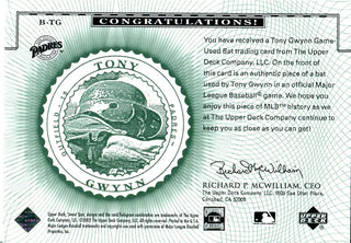 Tony Gwynn 2002 Upper Deck Game Used Bat Card